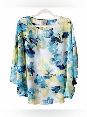 Chico’s | Sheer Floral Kimono Sleeve Blouse Top Flowy Summer Blue Yellow S/M